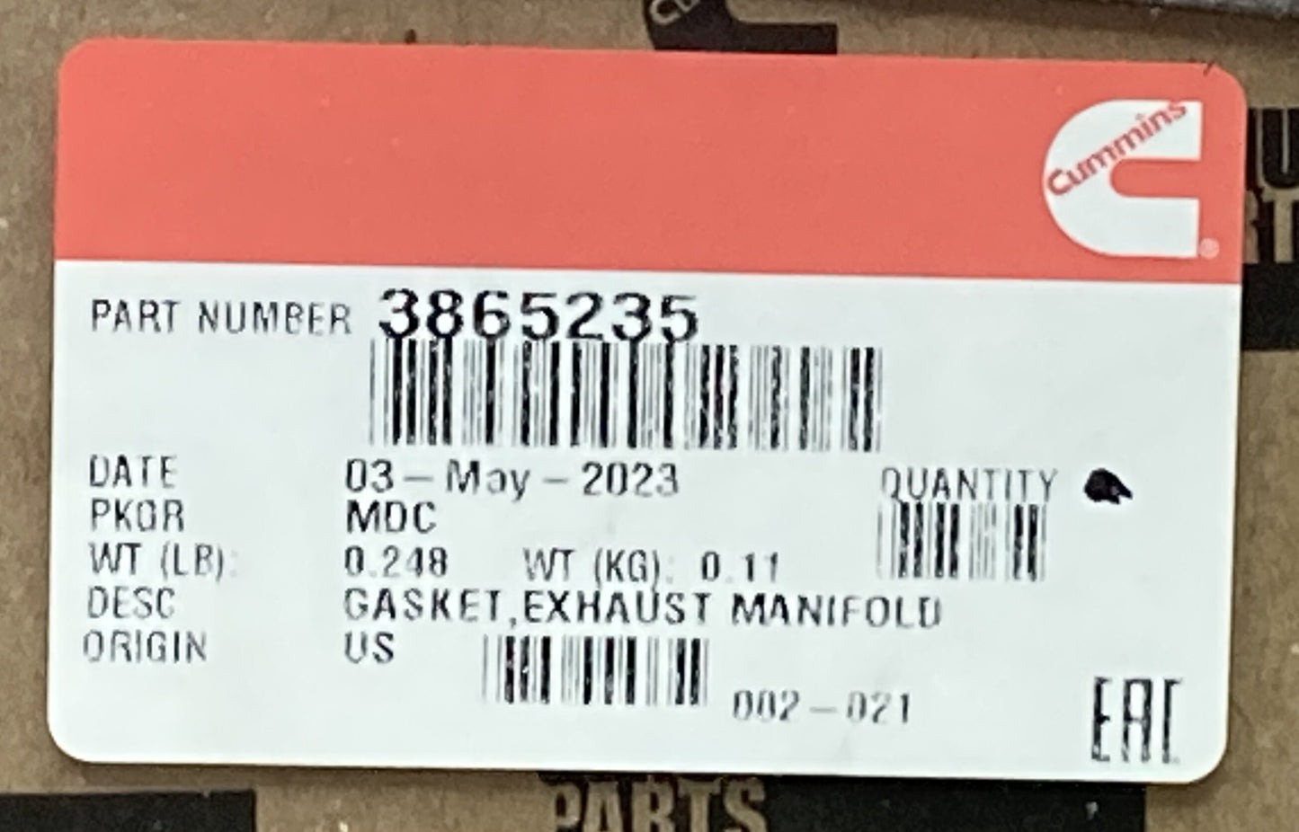 3 Pk. New Genuine Cummins 3865235 Exhaust Manifold Gasket