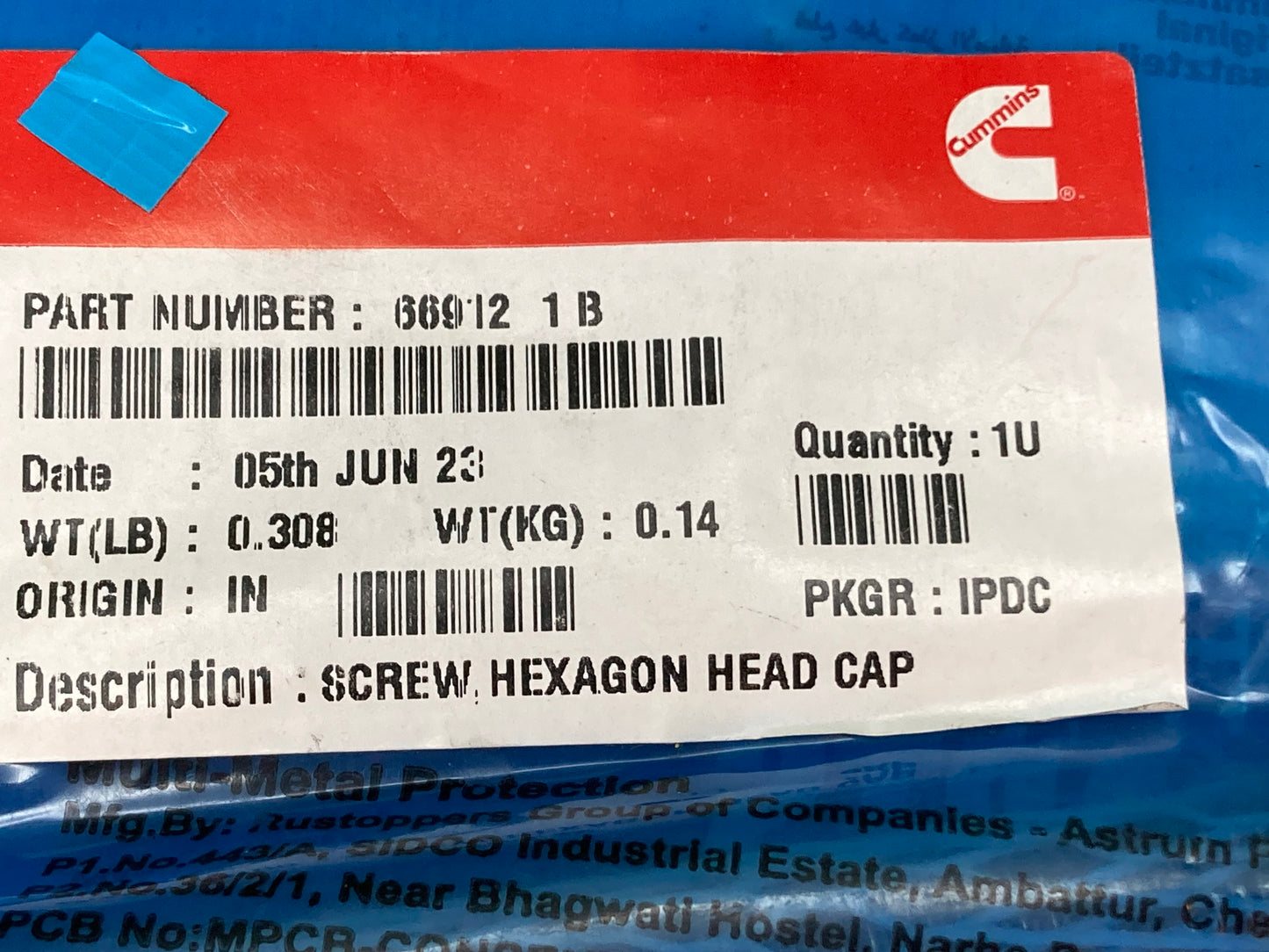New Genuine Cummins 669121B Screw,Hexagon Head Cap