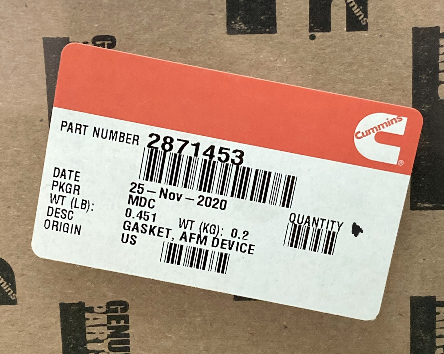 2 Pk. New Genuine Cummins 2871453 Gasket, AFM Device