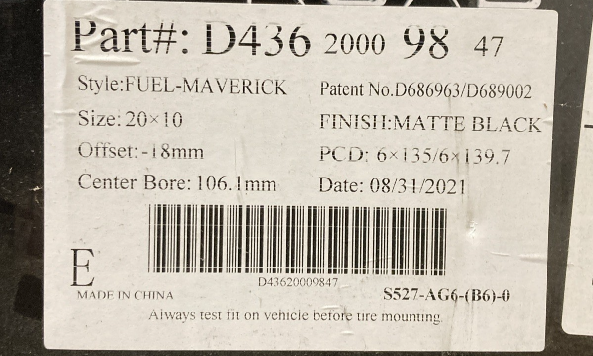 New Genuine Fuel D43620009847 Maverick Matte Black Wheel 6x135/6x139.7 (-18mm)