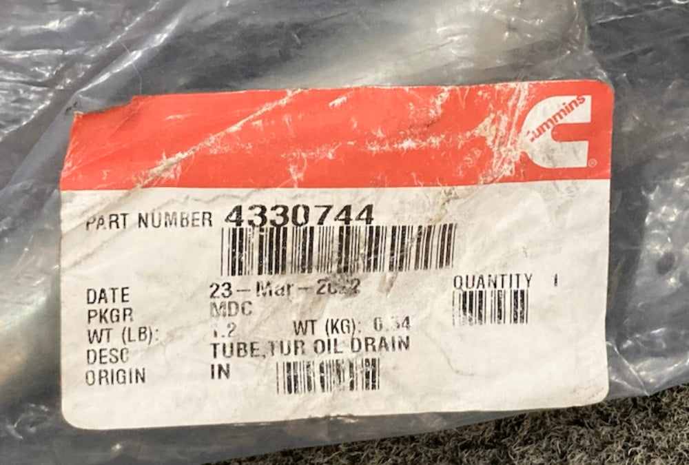 Cummins 4330744 Tur. Drain Tube - Oil Drain, New Genuine