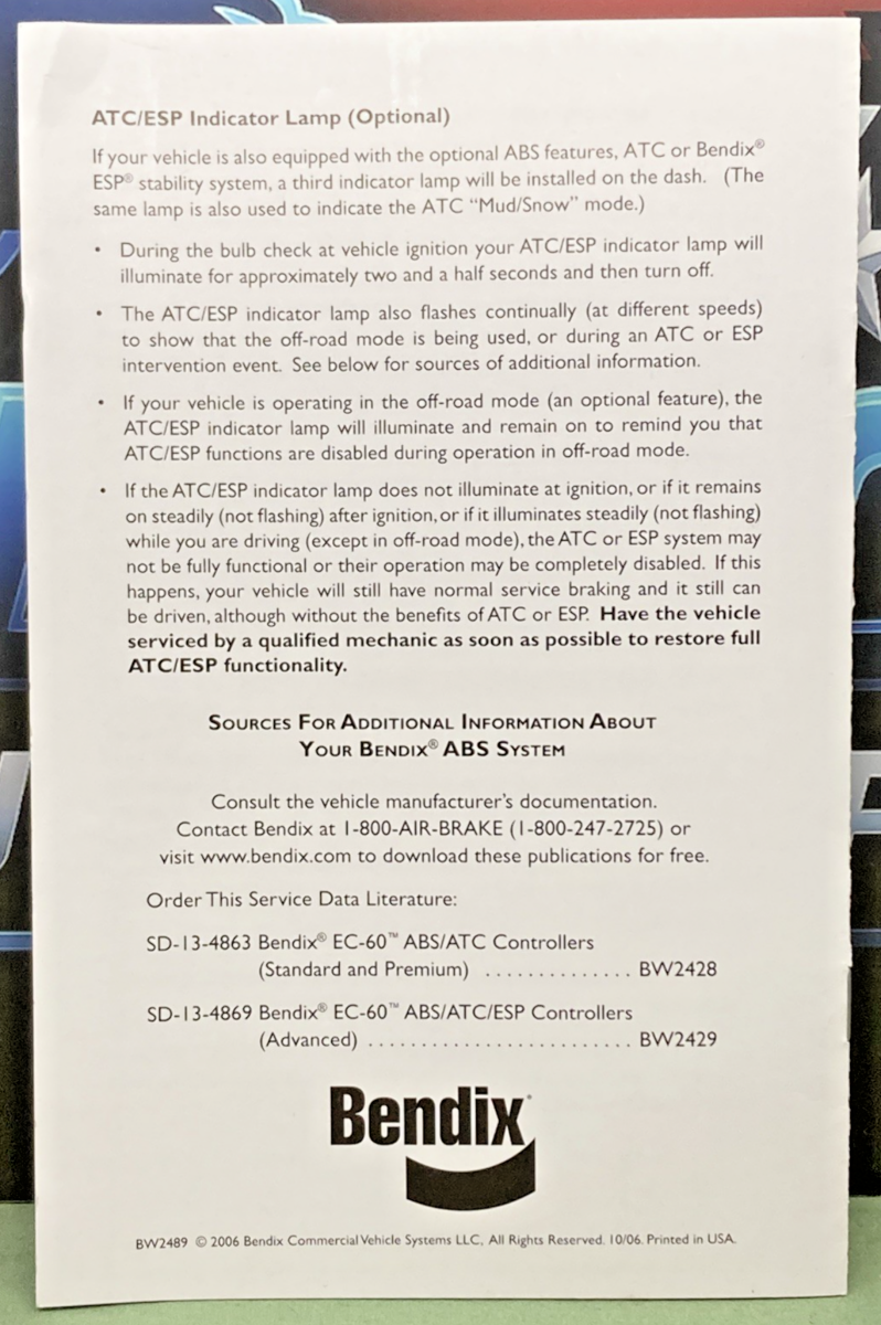 New Genuine Bendix BW2489 ABS Operators Manual