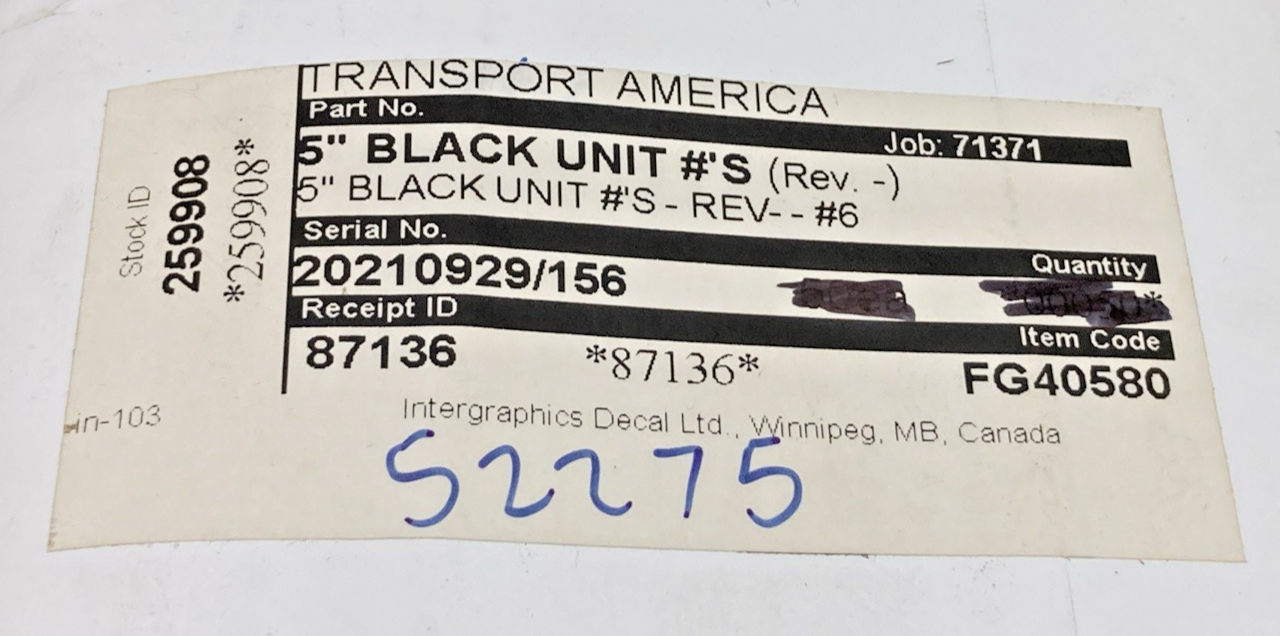 Qty 5 New Genuine Transport America FG40580 5" Black Vinyl Number 6