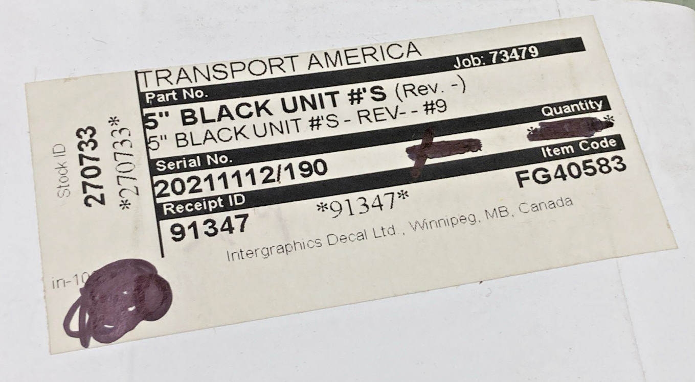 Qty 5 New Genuine Transport America FG40583 5" Black Vinyl Number 9