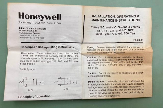 Honeywell 701N10B1A 2-Way N.C. & N.O. Solenoid  New Genuine