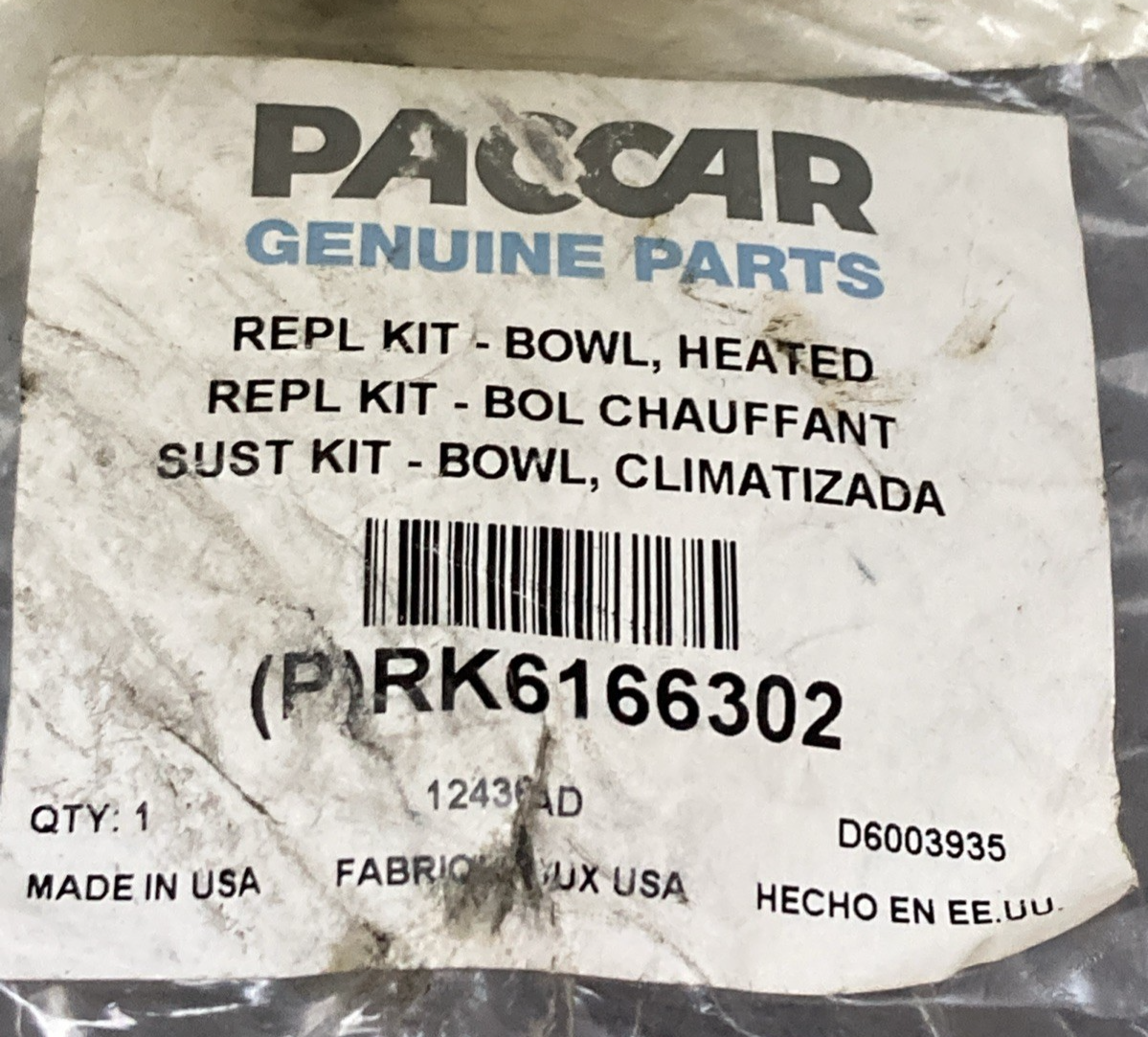 New Genuine Paccar RK6166302 Bowl, Heated