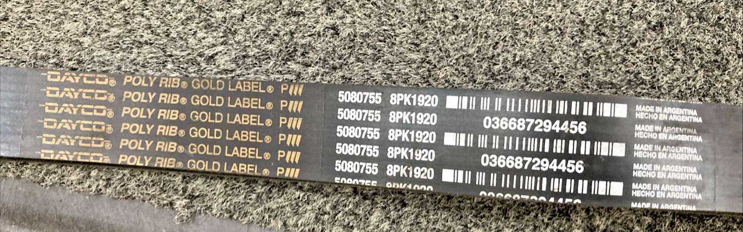 New Genuine Dayco 5080755 8pk1920 Poly Rib Belt, Gold Label