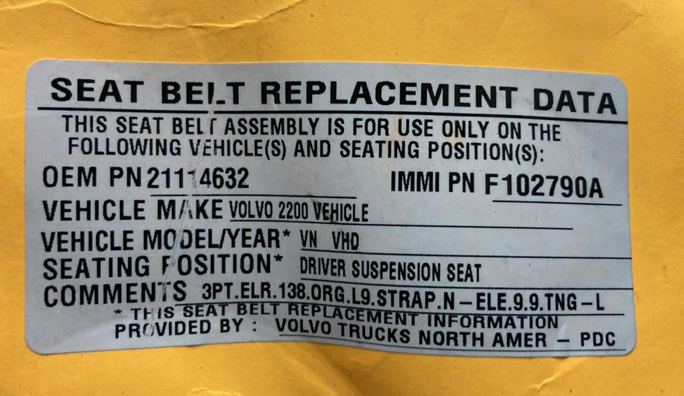 New Genuine Volvo 21114632 Seat Belt Orange