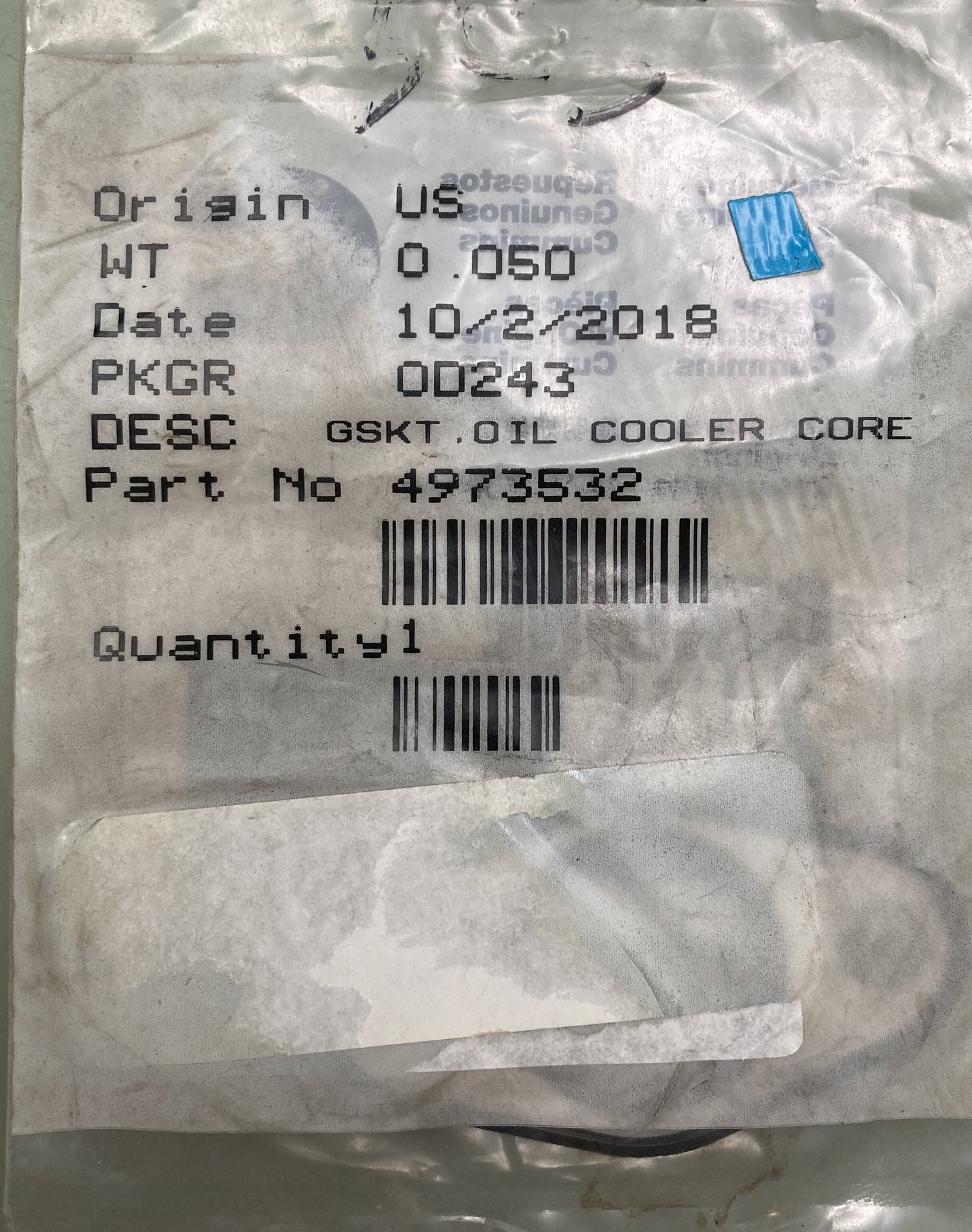 New Genuine Cummins 4973532 Gasket, Oil Cooler Core
