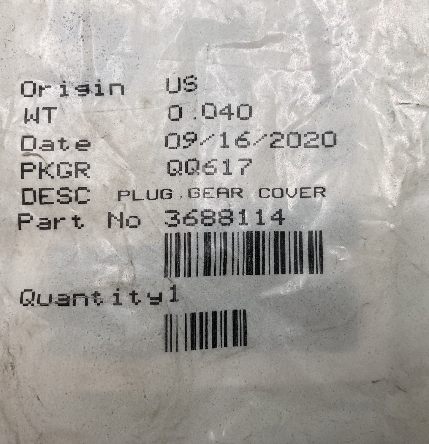 New Genuine Cummins 3688114 Plug, Gear Cover