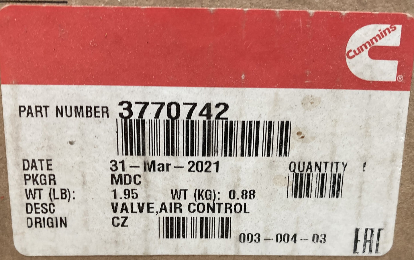 New Genuine Cummins 3770742 Valve, Air Control