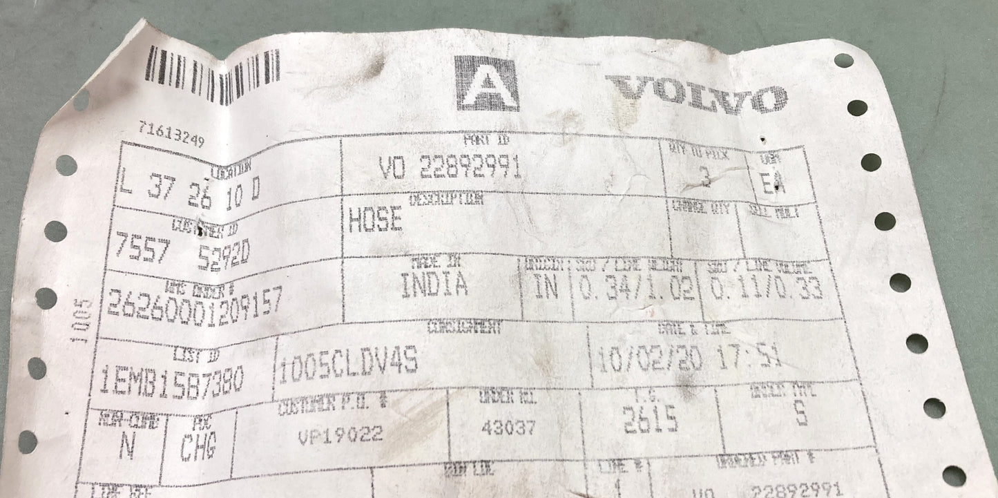 New Genuine Volvo 22892991 Hose