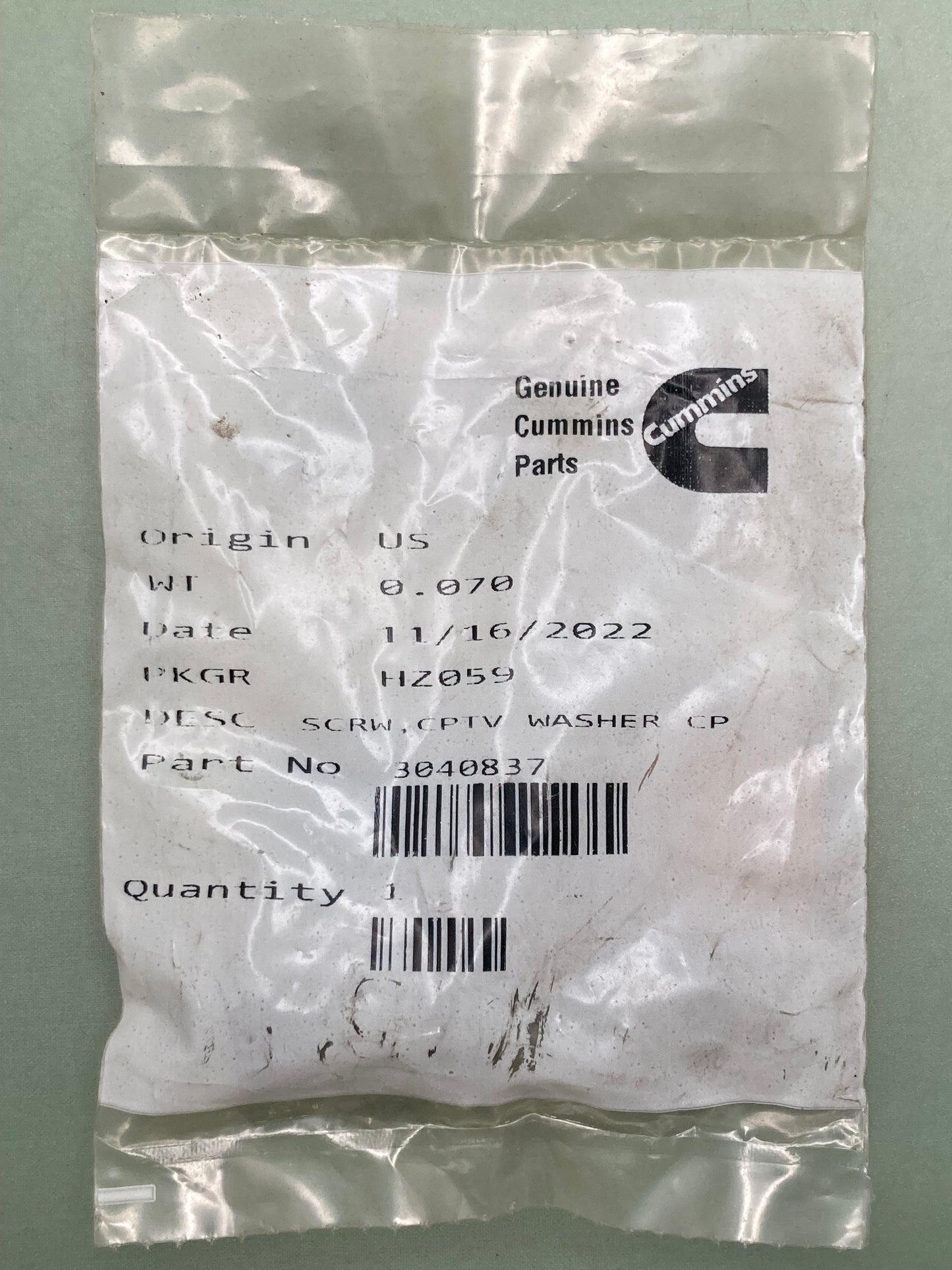 New Genuine Cummins 3040837 Screw, Captive Washer Cap