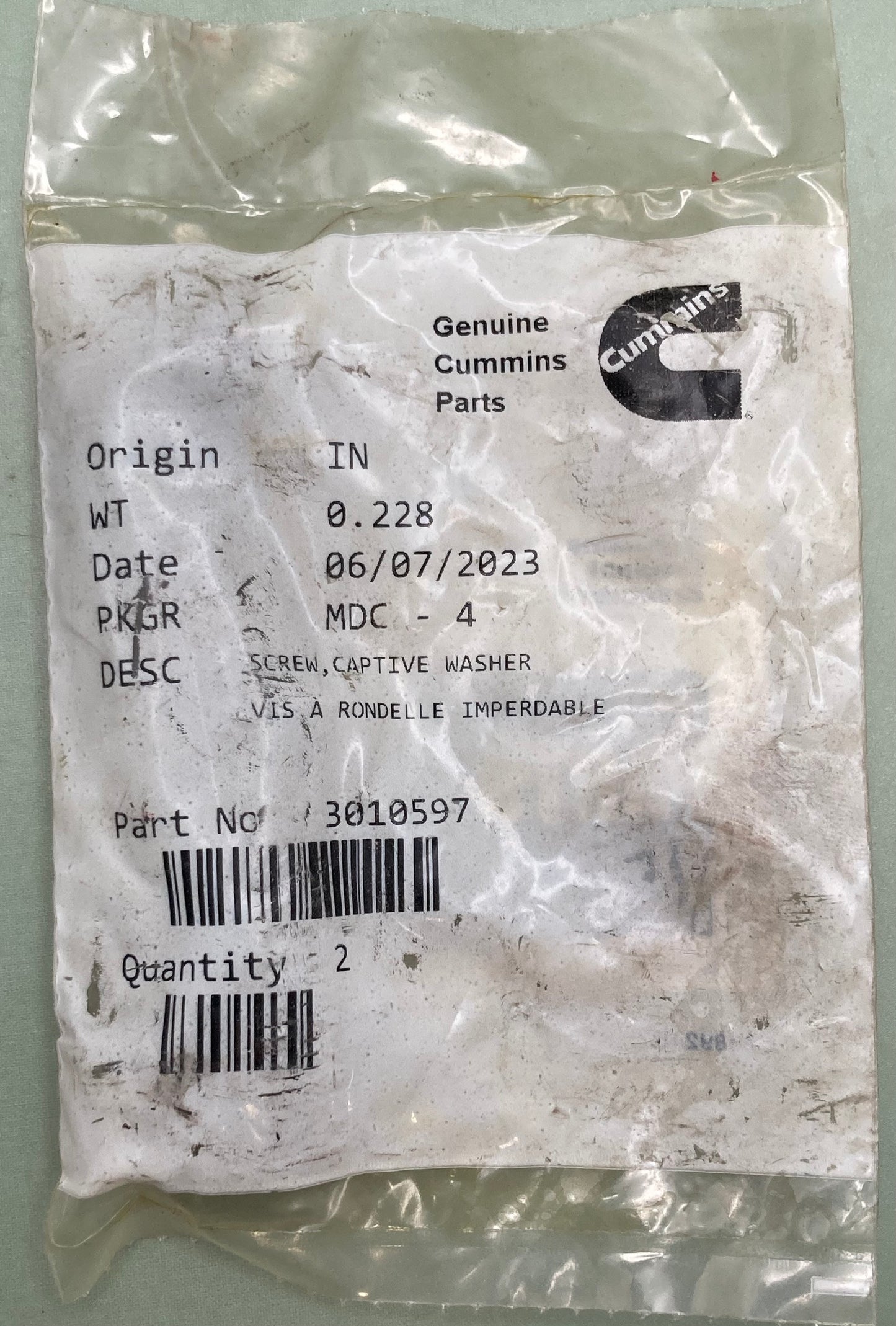 2 Pk New Genuine Cummins 3010597 Screw, Captive Washer