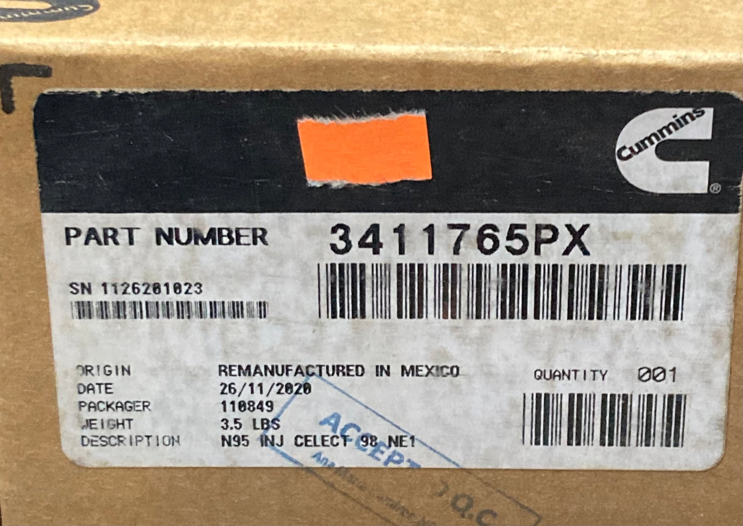 Remanufactured Genuine Cummins 3411765PX Fuel Injector