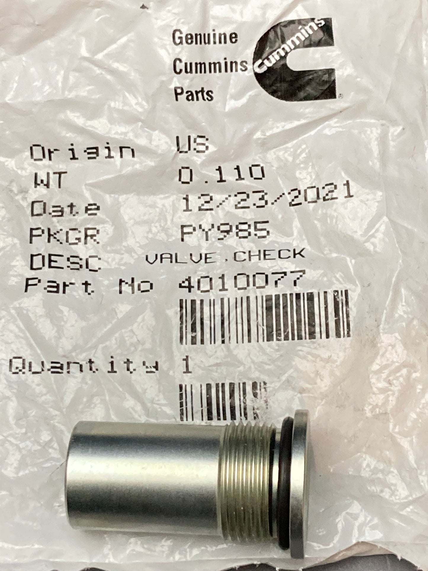 New Genuine Cummins 4010077 Valve,Check