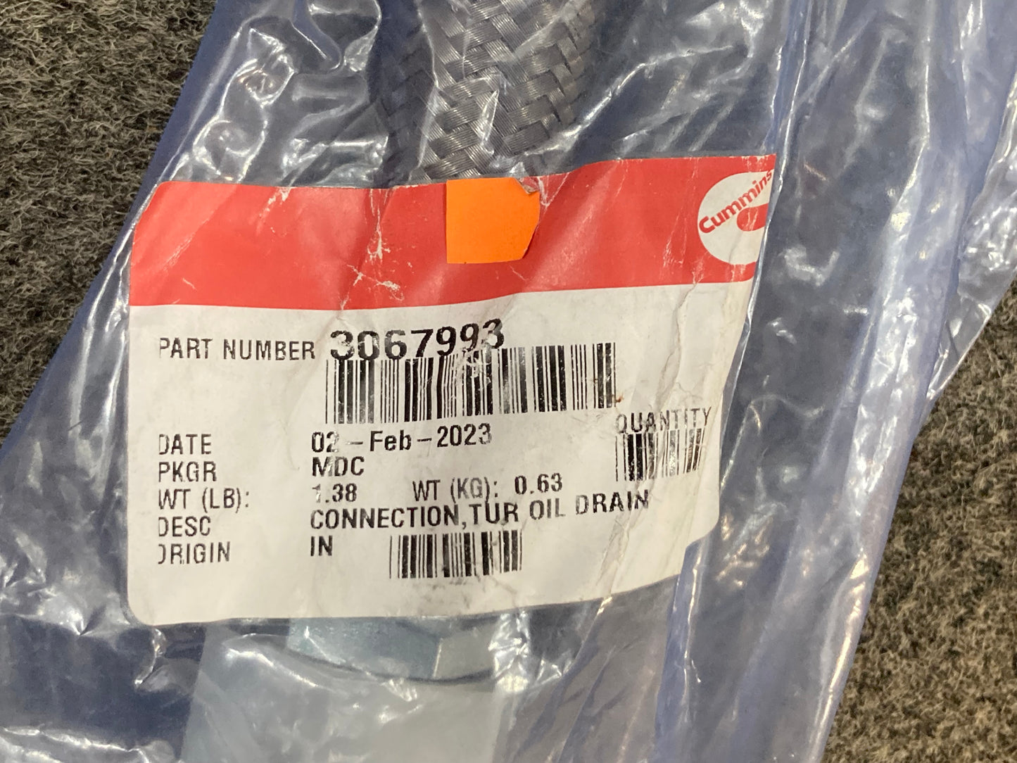 New Genuine Cummins 3067993 Connection, Turbocharge Oil Drain