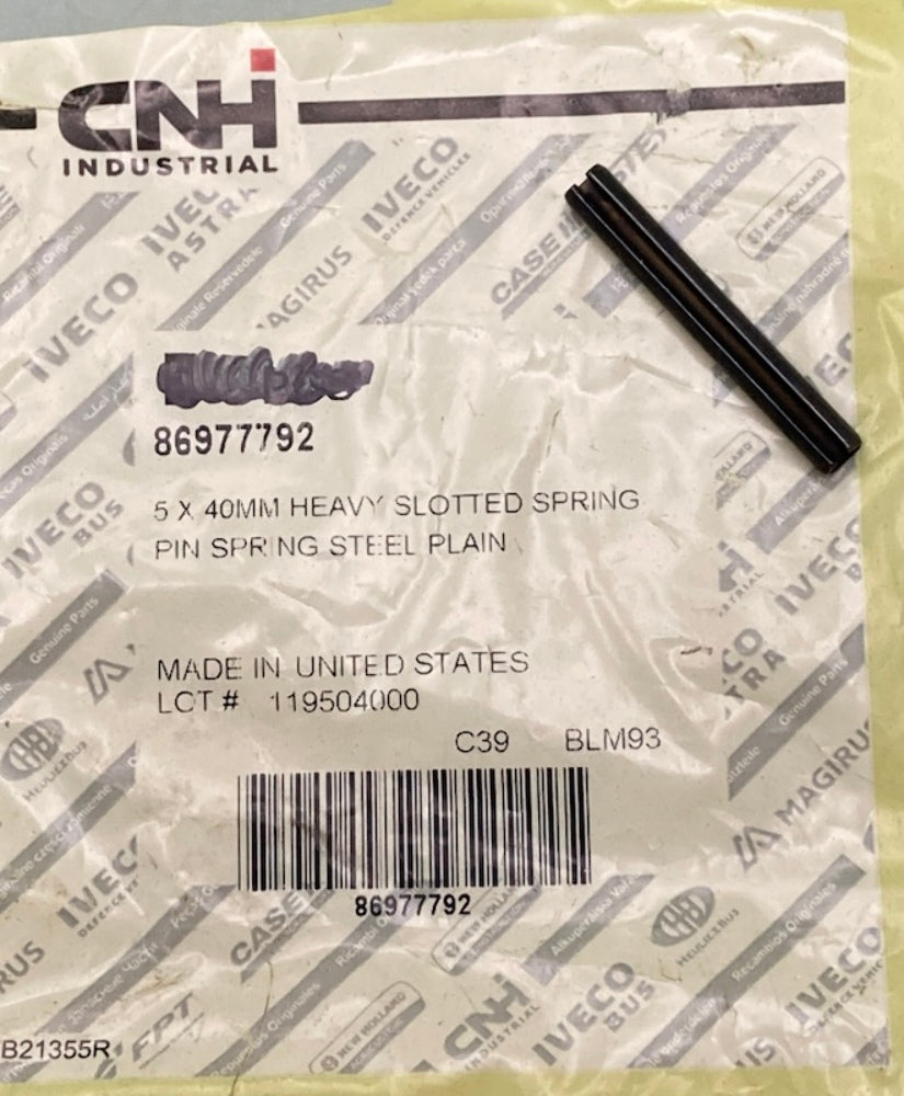 CNH Industrial 86977792 5x40MM Heavy Slotted Spring Pin Steel Plain New Genuine