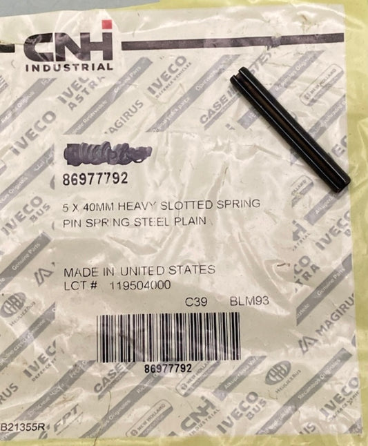 CNH Industrial 86977792 5x40MM Heavy Slotted Spring Pin Steel Plain New Genuine
