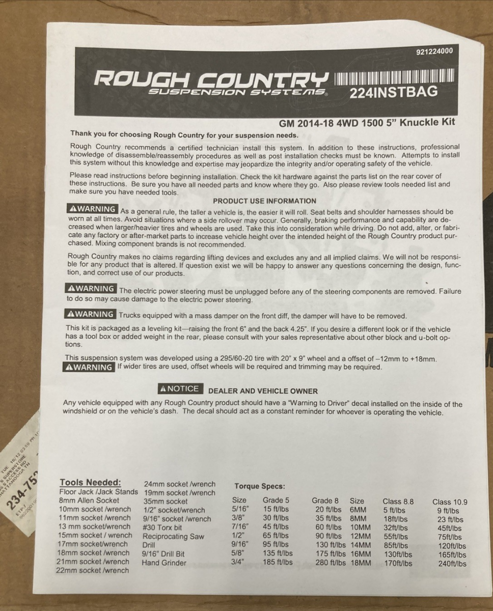 New Genuine Rough Country 224BOX1 5 INCH SUSPENSION KIT CHEVROLET SILVERADO/GMC