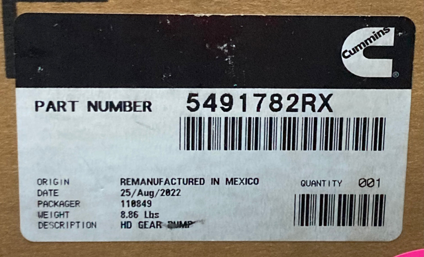 Remanufactured  Genuine Cummins 5491782RX Fuel Gear Pump