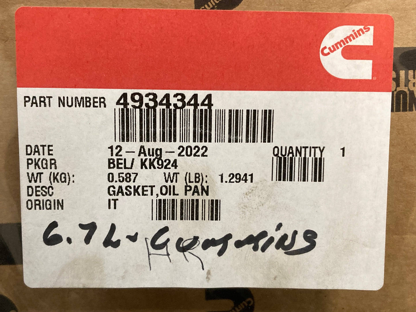 New Genuine Cummins 4934344 Oil Pan Gasket