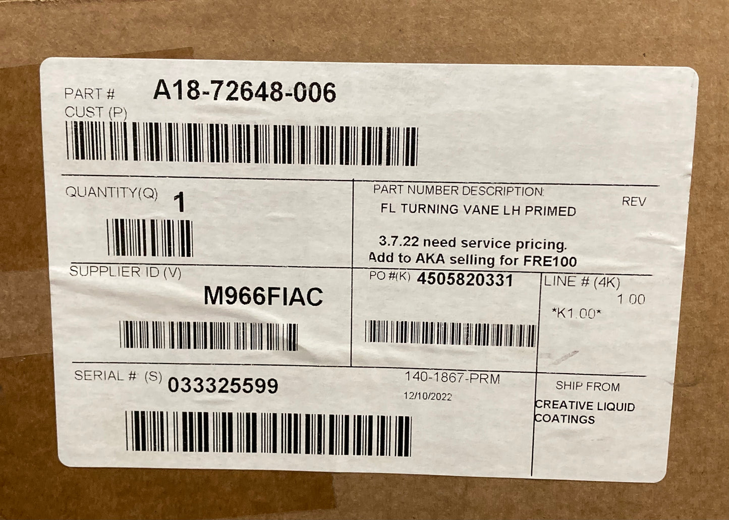 New Genuine Freightliner A18-72648-006 FL Turning Vane LH Primed