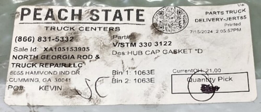 Peach State 3303122 Hub Cap Gasket New Genuine