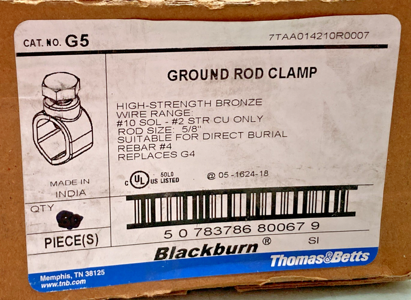 Pk 31 New Genuine Thomas & Betts 50783786800679 Ground Rod Clamp