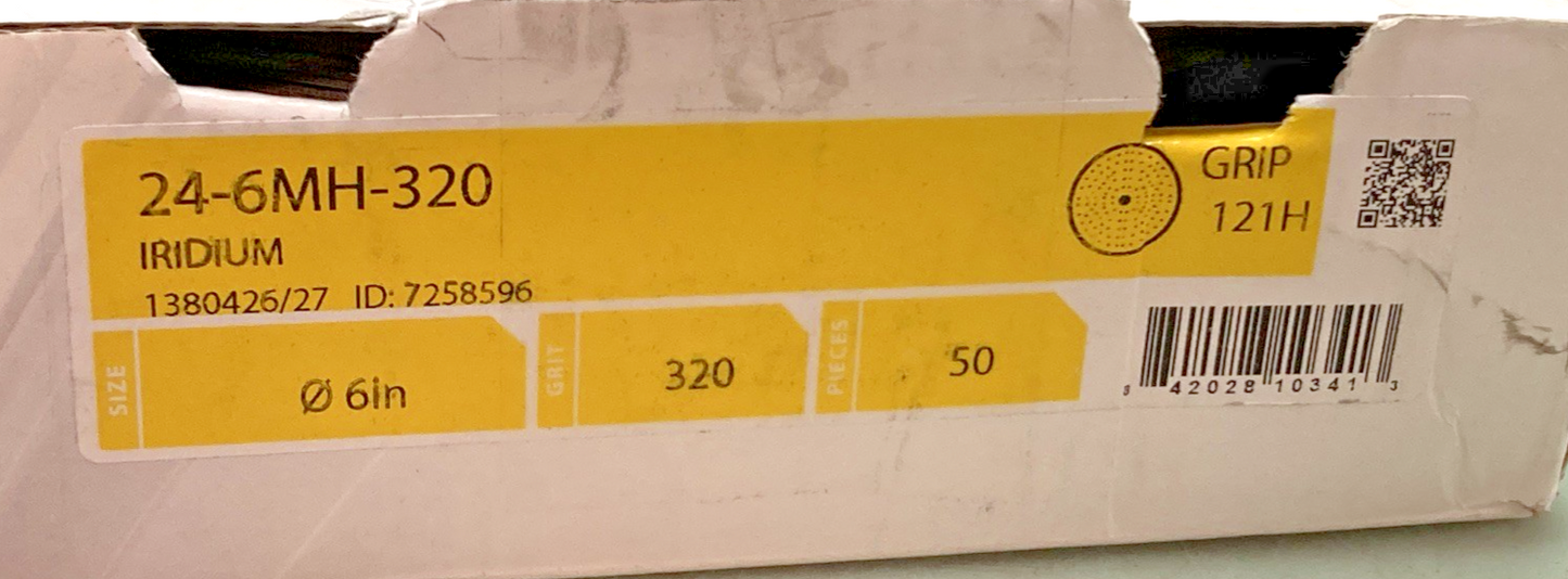Pk 50 New Genuine Mirka 24-6MH-320 Iridium Grip 121H 6" 320 Sanding Disc