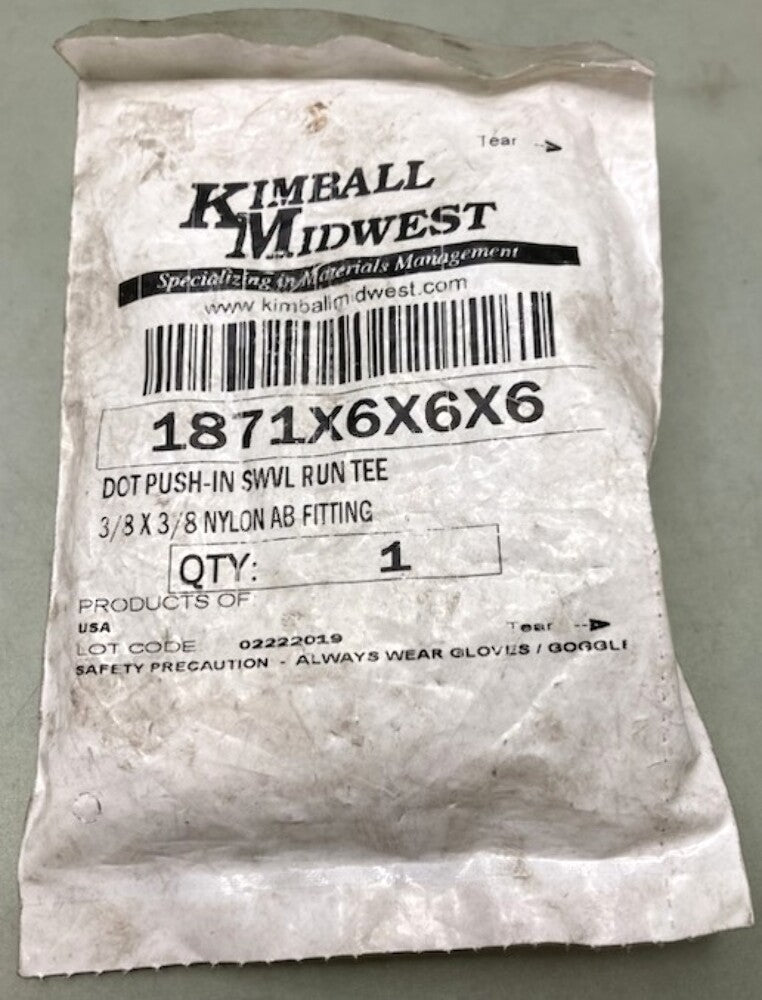 Kimball Midwest 1871X6X6X6 DOT Push-In Swivel Run Tee 3/8" x 3/8" New Genuine