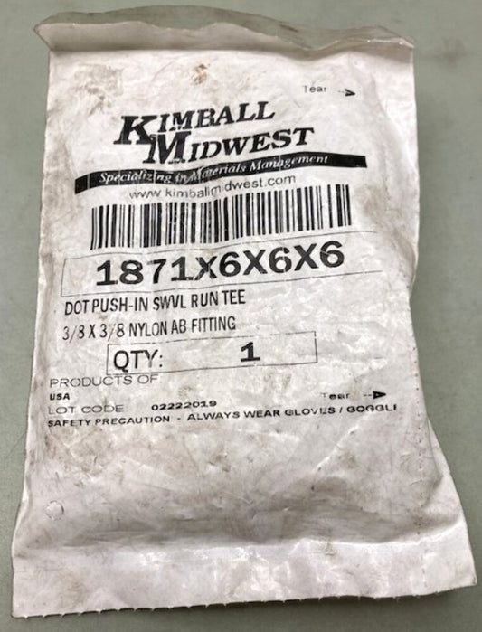 Kimball Midwest 1871X6X6X6 DOT Push-In Swivel Run Tee 3/8" x 3/8" New Genuine