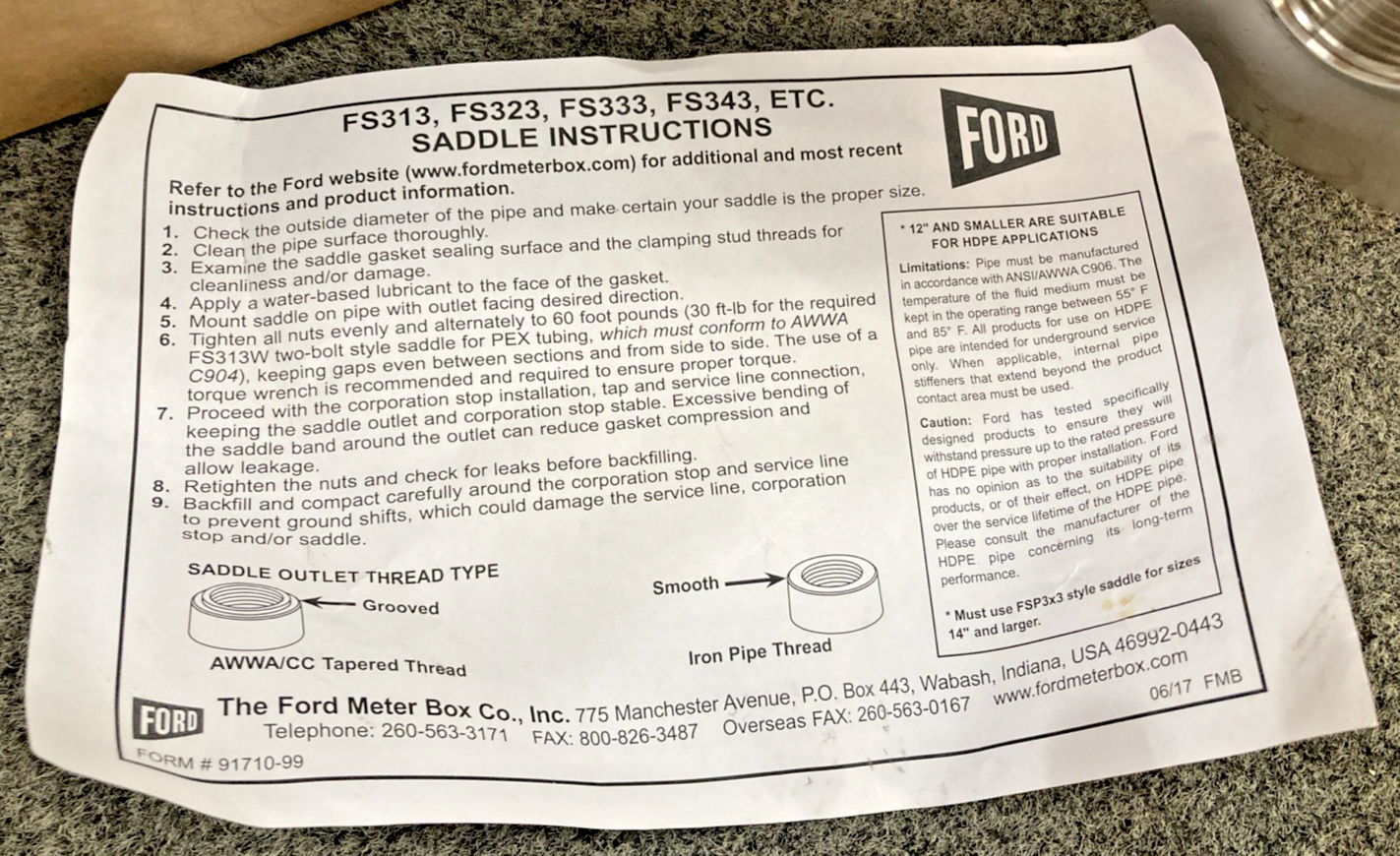 New Genuine Ford Meter Box FS313-690-CC4 Stainless Steel Strap Saddle 6x1" CC 6.