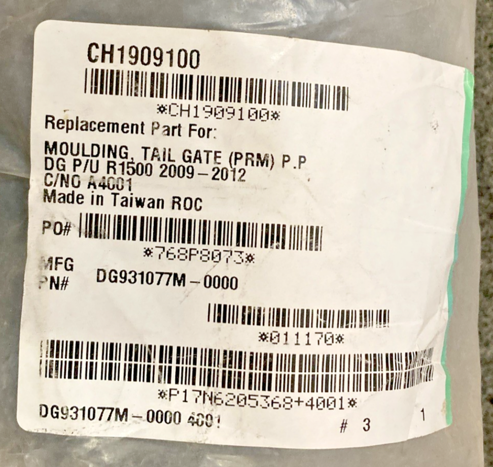 New Replaces Dodge CH1909100 Tailgate Molding Cap