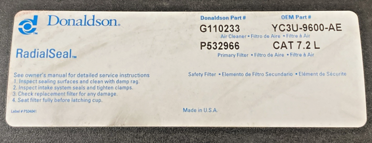 New Genuine Donaldson G110233 Air Filter Housing YC3U-9600-AE